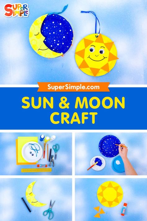 Say Good Morning and Good Night with this two-sided sun and moon, perfect for hanging near the bed! Things you'll need: - paper plate - craft paints in yellow, blue, and white - paintbrushes - pencil - glue stick - scissors - hole punch or pencil - black marker - construction paper in orange and yellow - ribbon - googly eyes Creation Sun Moon And Stars Craft, Sun And Moon Craft Preschool, Day And Night Activities Preschool, Moon Crafts For Kids, Day And Night Craft, Sun And Moon Craft, Routines For Kids, Moon Craft, Paper Plate Art