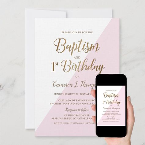 Pink Gold Joint Baptism and 1st Birthday Invitation Best Baby Girl Gifts, Newborn Baby Girl Gifts, Baby Boy Baptism, Girl Baptism, 2nd Birthday Invitations, 1st Birthday Invitation, Baby Boy 1st Birthday, Boy Baptism