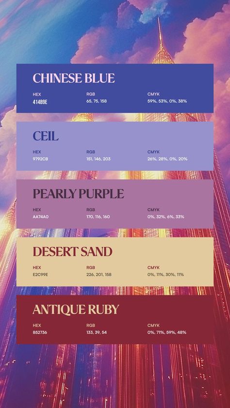 Colors:
414B9E
9792CB
AA74A0
E2C99E
852736 Character Color Palette, Inspiration Typographie, Rare Colors, Create Color Palette, Pantone Colour Palettes, Color Design Inspiration, Color Palette Challenge, Hex Color Palette, Colour Pallets