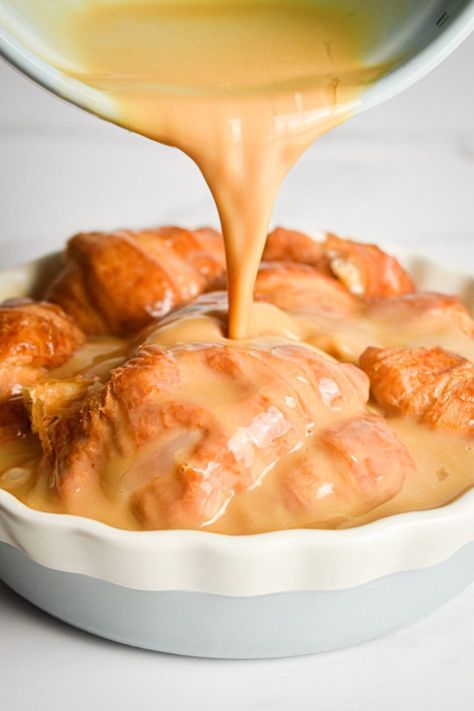 Bananas Foster Croissant Bread Pudding - Food Plus Words Bananas Foster Bread Pudding, Banana Foster Bread Pudding, Banana Foster Bread, Croissant Bread Pudding Recipe, Bananas Foster Bread, Banana Foster Recipe, Rum Caramel, Croissant Bread Pudding, Banana Liqueur