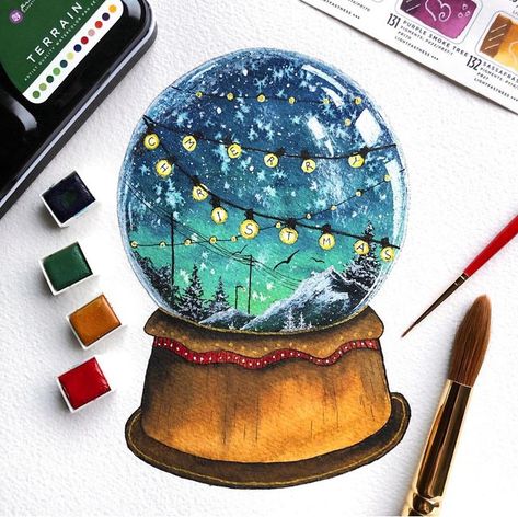 Silje Tømmermo on Instagram: "Snow globe winterscape 🔮❄️✨ • • 🎨 Paint: @artphilosophyco Terrain watercolors, acrylic ink 🗒 Paper: @archespapers rough • • ⭐️ You can get a 15% discount on all products on www.artphilosophy.com with my coupon code siljetommermo15% at checkout • • • #dreamywatercolorlandscapes #artphilosophy #artphilosophyco #artphilosophywatercolor #watercolorconfections #artphilosophyBA2020 #watercolor #watercolour #watercolorpainting #watercolourpainting #watercolorlandscape # Globe Tattoos, Christmas Snow Globe, Christmas Globes, Art Philosophy, 5th Grade Art, Painting Snow, Painting Tattoo, Diy Watercolor Painting, Christmas Snow Globes