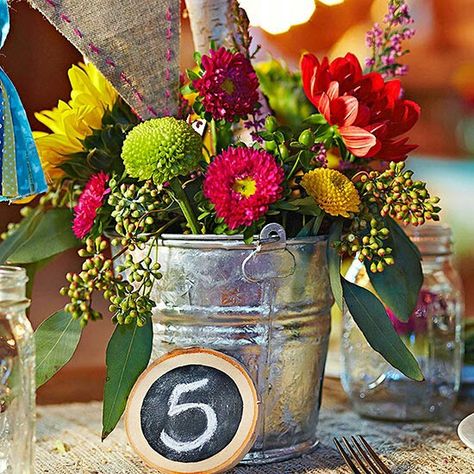 Wedding floral arrangement Wedding Glasses Diy, Decorations On A Budget, Tin Buckets, Casual Bride, Frugal Wedding, Wedding Decorations On A Budget, Elegant Centerpieces, Have Inspiration, Wedding Glasses