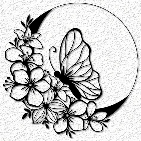 Butterfly in a circle moon with flowers wall decoration Butterfly Circle Of Life Tattoo, Big Flower Drawing, Butterfly And Moon Drawing, Moon Drawing With Flowers, Flower Moon Drawing, Butterfly Circle Of Life, Circle Drawing, Latest Simple Mehndi Designs, Moon Wall Art