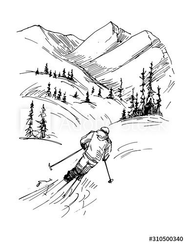 Skiing Sketch, Skier Drawing, Ski Doodle, Ski Sketch, Sketch Of Mountains, Snowboard Drawing, Ski Drawing, Small Music Tattoos, Mountain Sketch