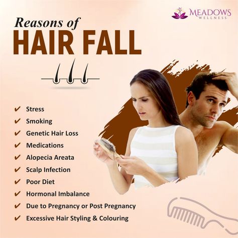 Do you Know Common Reasons of Hair Fall for Men and Women ? ✔ Stress ✔ Smoking ✔ Genetic Hair Loss ✔ Medications ✔ Alopecia Areata ✔ Scalp Infection ✔ Poor Diet ✔ Hormonal Imbalance ✔ Due to Pregnancy or Post Pregnancy ✔ Excessive Hair Styling & Colouring 🏥 Visit MEADOWS for all your Beauty & Wellness concerns: 📲9650413400 📲 WhatsApp Us : https://bit.ly/MeadowsWA #Meadows #MeadowsWellness #prphair #hairlosstreatment #hairfallcontrol #haircuts #hairtransformation #hairf Reasons For Hair Fall, Hair Fall Reasons, Poste Instagram, Hair By Hair, Excessive Hair Fall, Prp Hair, Thick Hair Remedies, Hormonal Imbalance, Abs And Cardio Workout