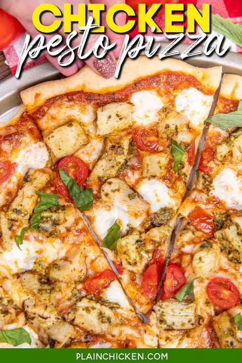 Pesto Flatbread Pizza, Chicken Pesto Pizza, Burrito Recipe Chicken, Pesto Pizza Recipe, Spicy Pizza, Chicken Tomatoes, Healthy Pizza Recipes, Chicken Pesto, Pesto Pizza