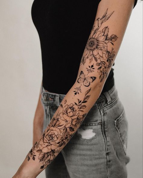 Full Arm Tattoos For Women Flower, Woman’s Forearm Half Sleeve, Viney Floral Sleeve Tattoo, Delicate Sleeve Tattoo For Women, Fairy Arm Tattoo, Leg Sleeves For Females Tattoo, Women Chest Tattoos, Tattoo Brazo Mujer, Half Sleeve Tattoo Upper Arm