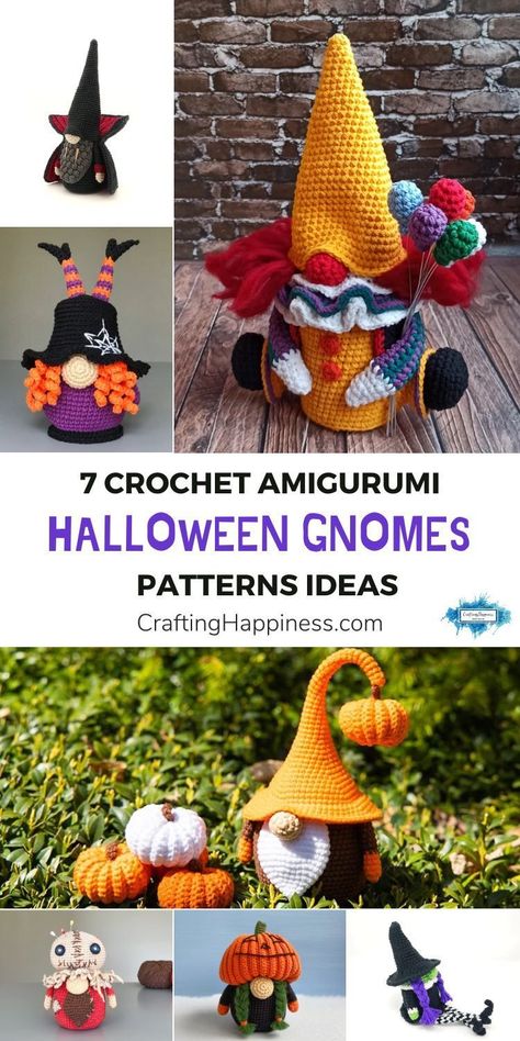 7 Crochet Amigurumi Halloween Gnome Patterns Ideas.7 Crochet Amigurumi Halloween Gnome Patterns Ideas curated by Crafting Happiness. Halloween Gonk Crochet Free, Crochet Halloween Gnomes Free Pattern Easy, Crochet Witch Gnomes Free Pattern, Halloween Gnome Crochet Patterns Free, Crocheted Fall Decorations, Halloween Gnomes Crochet, Crochet Fall Gnomes Free Pattern, Crochet Nomes Free Pattern, Crochet Patterns Halloween Free