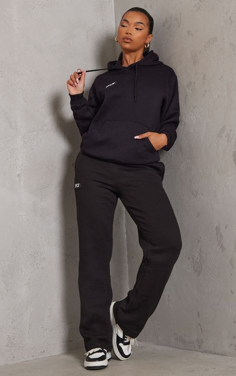 Plt Logo, Prettylittlething Logo, Straight Leg Joggers, Straight Sweatpants, Black Tracksuit, Slim Fit Joggers, Sweatpants Outfit, Joggers Outfit, Fashion Aesthetics