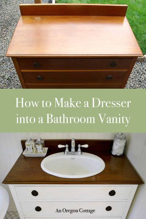 Vanity Ideas Diy, Oregon Cottage, Dresser Vanity Bathroom, Beautiful Bathroom Vanity, Bathroom Diy Ideas, Antique Bathroom, Bathroom Vanity Ideas, Custom Bathroom Vanity, Diy Bathroom Makeover