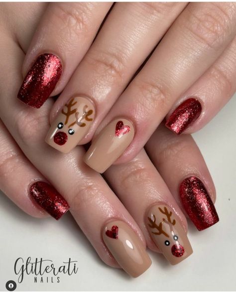 25 Elegant Reindeer Nails For Christmas 2021 - The Glossychic Holiday Nails Reindeer, Christmas Deer Nail Designs, Reindeer On Nails, Christmas Nail Reindeer, Reindeer Nails Acrylic, Reindeer Gel Nails, Deer Nails Christmas, Christmas Nail Art Reindeer, Reindeer Acrylic Nails