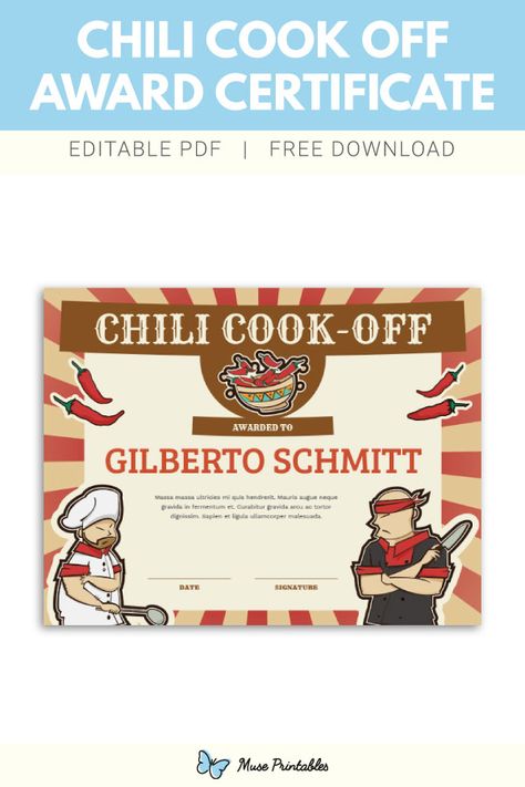 Chili Bar, Chili Soup, Awards Certificates Template, Chili Cook Off, Printable Certificates, Cook Off, Christmas Gathering, Templates Printable Free, Certificate Templates