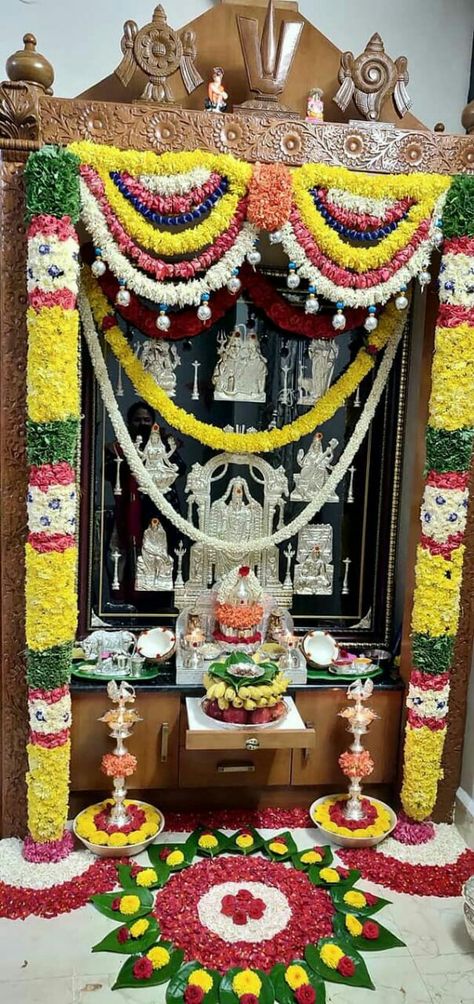 Mandir designs God Photos For Pooja Room, Pooja Room Flower Decoration, Tulsi Puja Decoration, God Room Designs Hindu, Pooja Room Decoration Ideas, Flower Decoration At Home, Pooja Photos, Pooja Room Door, Mandir Decoration