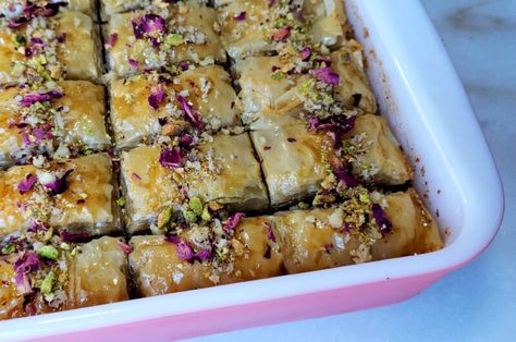 Turkish Baklava, Baklava Recipe, Phyllo Dough, Flavored Water, Natural Sweeteners, Baklava, Rose Water, Simple Syrup, Sweet Snacks