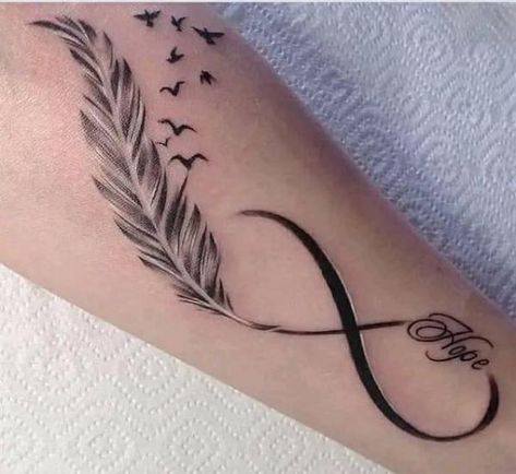 Black and white feather infinity tattoo with birds White Feather Tattoos, Tato Nama, Feather Tattoo Wrist, Infinity Tattoo With Feather, Infinity Tattoo Designs, Feather Tattoo Design, Mother Tattoos, Inspiration Tattoos, Infinity Tattoos