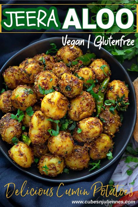 Jeera Aloo is a delicious cumin flavored boiled potato dish which you can prepare just in few minutes with handful of ingredients only. Serve with Indian breads for main course or enjoy it like a snack or appetizer. Puri Bhaji, Jeera Aloo, Masala Aloo, Baby Potato Recipes, Aloo Recipe, Pakistani Dishes, Savory Sides, Veg Curry, Aloo Recipes