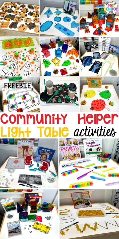 15 community helper light table activities for preschool, pre-k, and kindergarten students to practice math, literacy, & STEM skills. Learning About Community Helpers Preschool, People In Our Community Activities, Community Helpers Transportation Preschool, Community Helpers Preschool Activities Reggio, Community Helpers Centers Kindergarten, Community Helpers Preschool Activities Lesson Plans, Community Helper Science Preschool, Community Helpers Sensory Activities, Community Helper Prek Activities