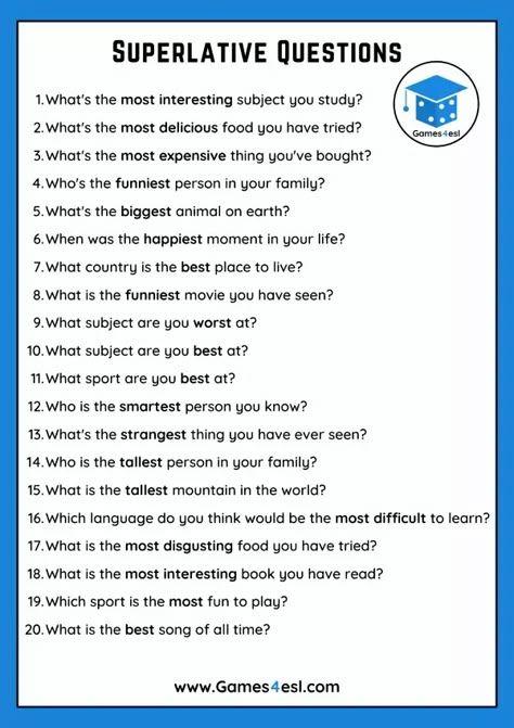 Comparative And Superlative Questions | Games4esl Comparative And Superlative Activities, 3rd Grade Writing Prompts, Comparative Superlative, English Language Activities, Comparative And Superlative, Adjectives Activities, Making Sentences, 3rd Grade Writing, English Speaking Practice