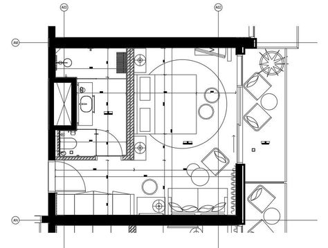 AutoCAD DWG file showing Unit plan of a suite room of a Hotel. Download the AutoCAD DWG file - Cadbull Suit Room, Hotel Room Plan, Window Construction, Suite Room, Bedroom Layout, Hotel Plan, Eco Lodge, Hotel Room Design, Modern Luxury Bedroom