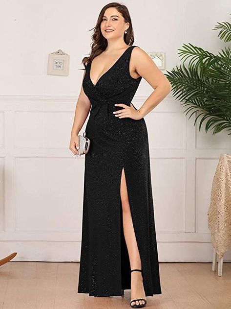 WOMAN BLACK DRESS BLACK FRIDAY CYBER MONDAY THANKSGIVING FALL AND WINTER HOLIDAY CHRISTMAS GIFT GUIDE AND STOCKING STUFFER LUXURY FASHION PARTY EVENT Ever-Pretty Plus Women's V-Neck Glitter Dress Side Split Plus Size Evening Dress 07505 https://amzn.to/3OMCNiP Plus Formal Dresses, Plus Size Evening Dresses, Shimmery Fabric, Plus Size Evening Gown, Formal Maternity Dress, Plus Size Gowns, Evening Dress Floor Length, Formal Evening Dress, Ever Pretty