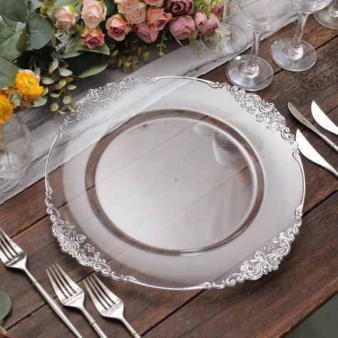 Charger Plates Wedding, Round Table Sizes, White Charger, Embossed Pattern, Rim Design, Event Decoration, Tablecloth Sizes, Square Plates, Wedding Receptions