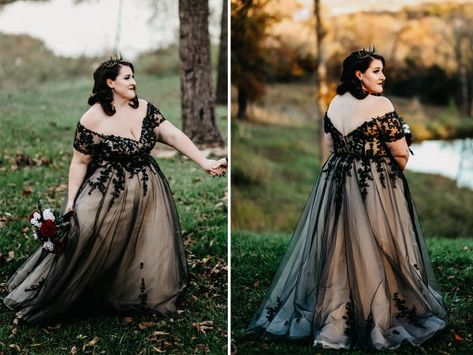 Black Embroidered Wedding Dress, Plus Size Alt Wedding Dress, Fae Wedding Dress Black, Gothic Cottagecore Wedding, Dark Chapel Wedding, Fairy Forest Wedding Dress Black, Non White Wedding Dress Colour, Plus Size Black Wedding Dress, Black Plus Size Wedding Dress