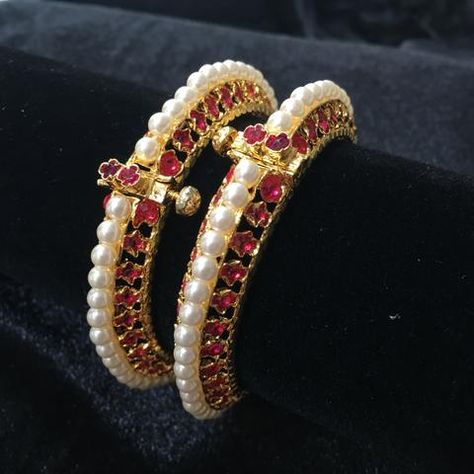 Moti Bangles, Pearl Bangles, Ruby Bangles, Designer Diamond Jewellery, Bangles Gold, Bangles Design, Pearl Bangle, Bangles Jewelry Designs, Bridal Bangles