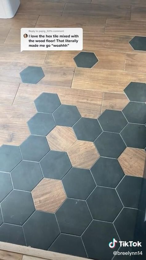 Hexagon floor mixed in with wood floor 😍😍😍 [Video] | House flooring, Tile to wood transition, Transition flooring Tile To Wood Transition, Bar Deco, Transition Flooring, Hexagon Floor, Wallpaper Kitchen, Wallpaper Bathroom, Aesthetic Bedroom Ideas, Bedroom Ideas Aesthetic, Bathroom Aesthetic