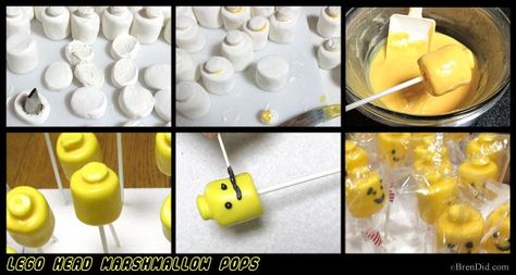 Lego Head Marshmallow Pops Recipe | http://brendid.com/lego-head-marshmallow-pops/ Lego Head Marshmallow Pops, Lego Marshmallow Heads, Lego Marshmallow Pops, Lego Rice Krispie Treats, Marshmallow Pops Birthday, Lego Cake Pops, Marshmallow Pops Recipe, Lego Party Decorations, Cake Lego