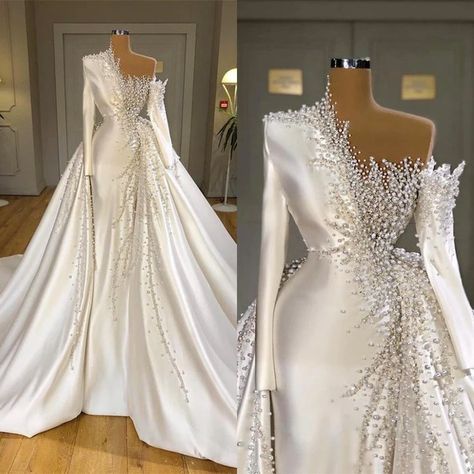 Overskirt Wedding Dress, One Shoulder Wedding Gowns, Pearl Wedding Dress, Detachable Train, Wedding Gowns Mermaid, Wedding Dresses Corset, Luxury Wedding Dress, New Wedding Dresses, Online Wedding Dress