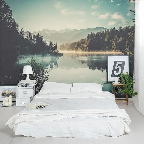 Wallums Wall Decor Morning at the Lake 8' x 144" 3 Piece Wall Mural | Wayfair Wallpaper Removal Solution, Mural Fabric, Mount Cook, Fabric Home Decor, Custom Wall Murals, Removable Wall Murals, At The Lake, Removable Wall, Wall Patterns