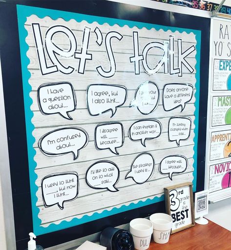 Elizabeth Garcia on Instagram: “This accountable talk bulletin board has been a staple in my room! My kids consistently refer to it to have meaningful dialogue. Board from…” Esl Bulletin Boards, Expectations Bulletin Board, Vocab Bulletin Board Ideas, Reading Skills Bulletin Board, Esl Bulletin Board Ideas, Language Arts Bulletin Boards Middle School, Unique Learning System Bulletin Board, Math Talk Bulletin Board, Accountable Talk Bulletin Board