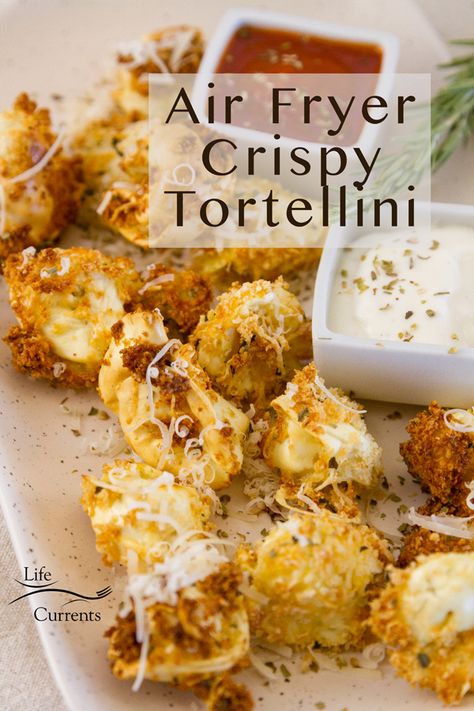 Fried Tortellini Air Fryer, Fried Tortellini Recipes, Tortellini Appetizer Recipes, Tortellini Appetizer Party Appetizers, Super Easy Air Fryer Recipes, Air Fried Tortellini, Crispy Tortellini, Healthy Air Fryer Snacks, Tortellini Appetizer