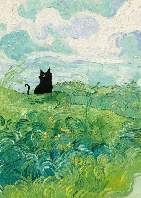 A Black Cat, Cat Sitting, A Black, Black Cat, Paint, Green, Blue, Black, Art