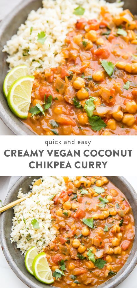 This quick creamy vegan coconut chickpea curry is a super easy and speedy recipe that's big on flavor. With tomatoes, coconut cream, and the perfect blend of spices, it's so creamy and filling! This chickpea curry is bound to be a healthy dinner staple for your family, whether you've been vegan for years or are just trying out Meatless Monday! #vegan #curry via @ Vegetarian Chickpea Curry, Coconut Chickpea Curry, Coconut Chickpea, Creamy Curry, Chickpea Coconut Curry, Lunch Healthy, Vegan Coconut, Vegan Curry, Chickpea Curry