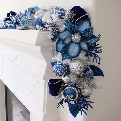 Blue Christmas Garland, Staircase Fireplace, Blue Poinsettia, Jeweled Ornaments, French Christmas Decor, Christmas Garland Mantle, Blue Christmas Tree Decorations, Stairs Railing, Silver Garland