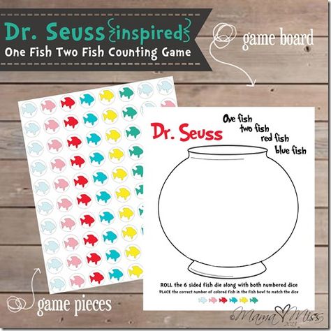 {Dr. Seuss Inspired} One Fish Two Fish Counting Game | http://www.mamamiss.com ©2013 Dr Seuss Fish Bowl Printable, 1 Fish 2 Fish Red Fish Blue Fish, One Fish Two Fish Red Fish Blue Fish Craft, 1 Fish 2 Fish Red Fish Blue Fish Craft, Dr Seuss Fish Bowl, Bowl Template, 1 Fish 2 Fish, Printable Fish, Game Cabinet