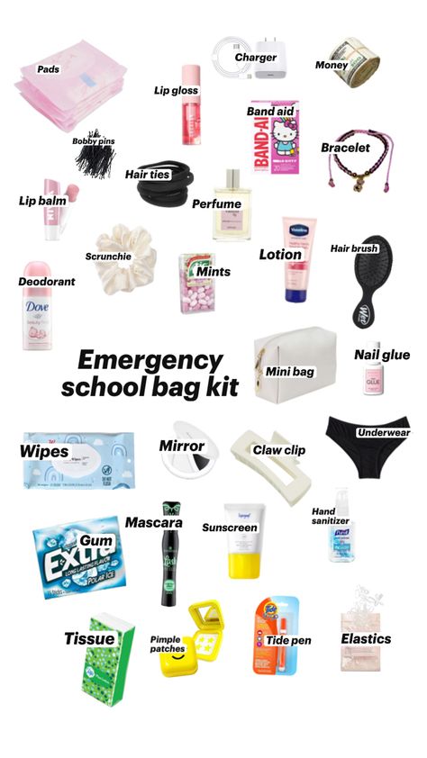 This isn’t realistic I added bunch of things but it’s an idea of what to put in ur emergency bag #school Schul Survival Kits, Middle School Essentials, Be An Influencer, School Emergency Kit, School Backpack Essentials, Middle School Survival, School Routine For Teens, School Survival Kits, School Preparation