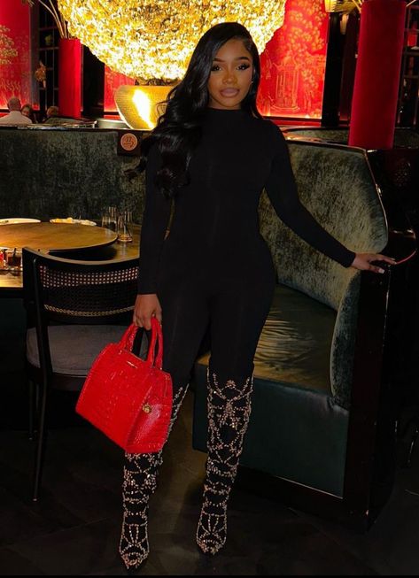 Fall Black Women Outfits, Winter Baddie Outfits Going Out, Red Outfits Black Women, Knee High Boots Outfit Winter, Winter Baddie Outfits, Fall Club Outfits, Black Women Outfits, Winter Club Outfits, Winter Baddie