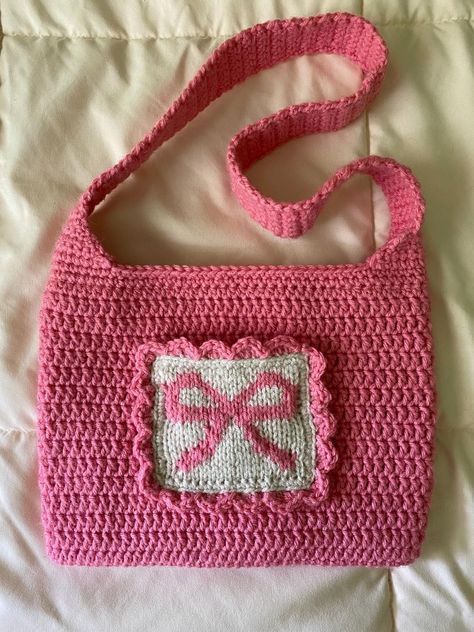 Hand-made crochet bow bag Structured Crochet Bag, Pink Crochet Purse, Crochet Hello Kitty Bag, Crochet Bow Bag, Crochet Boutique, Crochet Bow, Mint Tins, Crochet Bows, Valentines Crochet