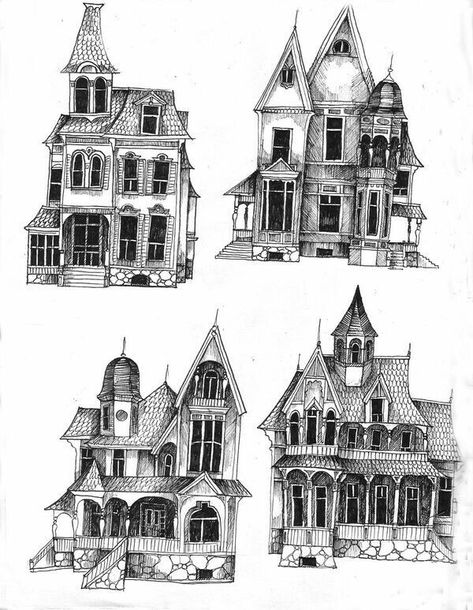 Victorian House Drawing, Tattoo Sleeve Drawings, Shadow Alphabet, Haunted House Tattoo, Haunted House Drawing, Spooky House, Drawing Simple, Victorian Houses, Home Tattoo