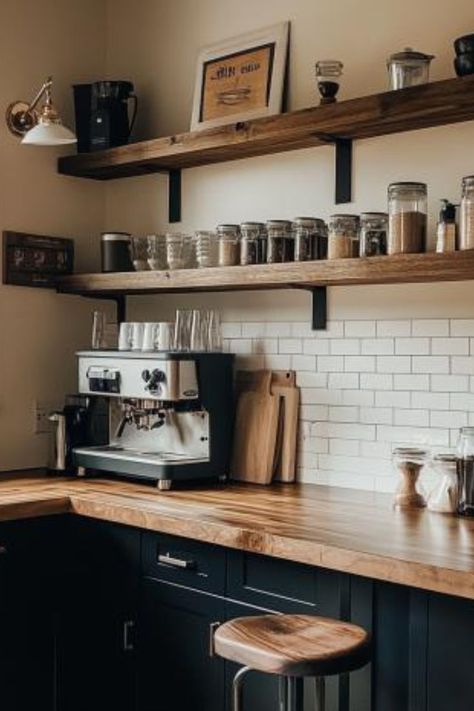 coffee bar ideas, coffee corner ideas, coffee station ideas, coffee nook, coffee corner, small coffee bar ideas, coffee bar ideas kitchen counter, coffee bar station, coffee bar home, coffee bar cart, coffee bar decor Kitchen Design Coffee Bar, Coffee Station Shelf Ideas, Coffee Bar With Butcher Block Top, Home Espresso Station, L Shape Coffee Bar, Coffee Cabinet Ideas, Coffee Bar Syrup Display, Coffee Corner In Kitchen, Ideas For Coffee Bar