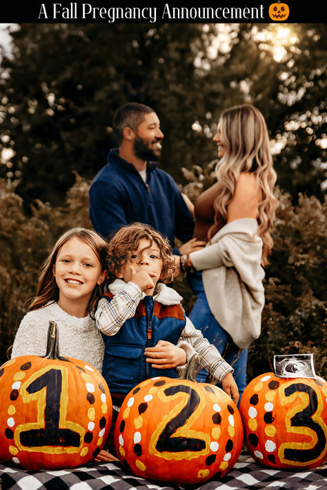 Family captured for a stunning fall pregnancy announcement. Pumpkin Baby Announcement, Fall Baby Announcement, Pregnancy Announcement Family, Fall Pregnancy, Pregnancy Announcement Ideas, Fall Pregnancy Announcement, Family Photoshoots, Announcement Ideas, Fall Maternity