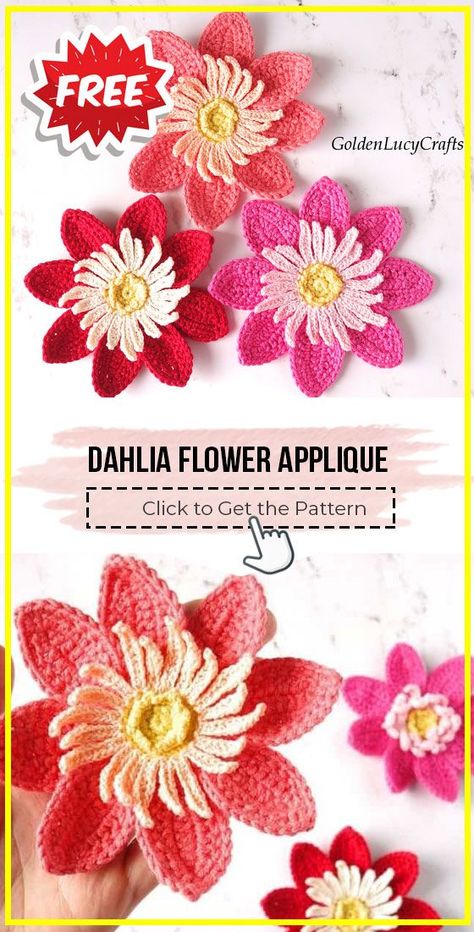 Crochet Dahlia Pattern Free, Crochet Dahlia, Flower Applique Crochet, Crochet Flower Applique, Flower Applique Patterns, Crochet Shapes, Dress Pins, Crochet Appliqué, Easy Crochet Flower