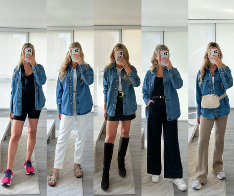 Five ways to style your denim shirt from walking outfit outdoorts to dinner and drinks. How To Style Oversized Denim Shirt, How To Style A Denim Shirt, Abercrombie Outfits, Walking Outfit, Denim Shirt Style, Chicago Outfit, Oversized Denim Shirt, Walking Outfits, Going Out Looks