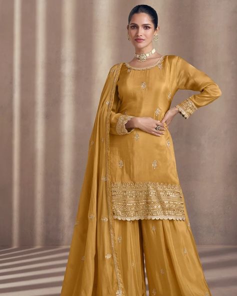 Designer Yellow exclusive dress with detailed embroidery with thread work Silk Sharara Suit, Phulkari Pants, Silk Sharara, Designer Sharara Suits, Designer Sharara, Lucknowi Kurta, Plazzo Suits, Readymade Salwar Kameez, Designer Salwar Kameez