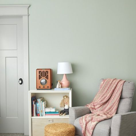 Contented SW 6191 - Green Paint Color - Sherwin-Williams Light Green Nursery, Sherwin Williams Paint Colors Green, Green Nursery Girl, Girls Bedroom Paint Colors, Green Kids Rooms, Girls Bedroom Paint, Sherwin Williams Green, Sage Green Paint Color, Nursery Paint Colors