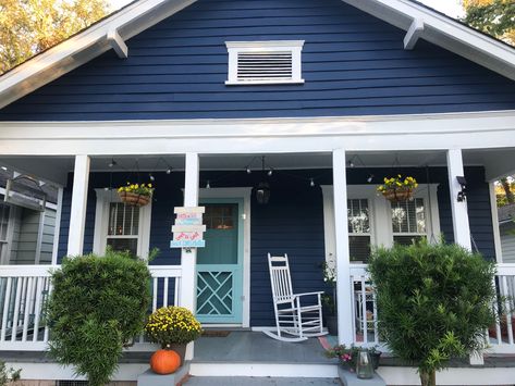 Painted our house Sherwin Williams’ Salty Dog blue. I’m in love! Blue House White Porch, Salty Dog Exterior Paint, Royal Blue Exterior House Colors, Blue House With Front Porch, Sherwin Williams Salty Dog Exterior, House Paint Exterior Blue, Salty Dog Sherwin Williams Exterior, Deep Blue House Exterior, House Paint Exterior Colour Schemes Blue