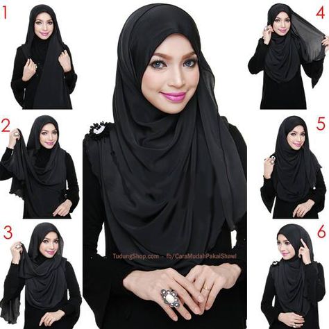 Cara pakai shawl labuh hitam tutup kemas depan belakang di tudunglabuhonline.com Burkha Style, Square Hijab Tutorial, Pashmina Simple, How To Wear Hijab, Simple Hijab Tutorial, Tutorial Hijab Pashmina, Black Hijab, Scarf Hijab, Simple Hijab