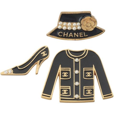 Set of Chanel Enameled Metal Jacket, Shoe Hat Pins w/CC Logo, Camilia... ❤ liked on Polyvore featuring jewelry, brooches, pearl brooch, flower pin brooch, black jewelry, metal flower brooches and pin brooch Chanel Christmas, Chanel Pins, Chanel Clothing, Chanel Style Jacket, Metal Jacket, Chanel Brooch, Logo Jewelry, Brooch Flower, Chanel Jacket